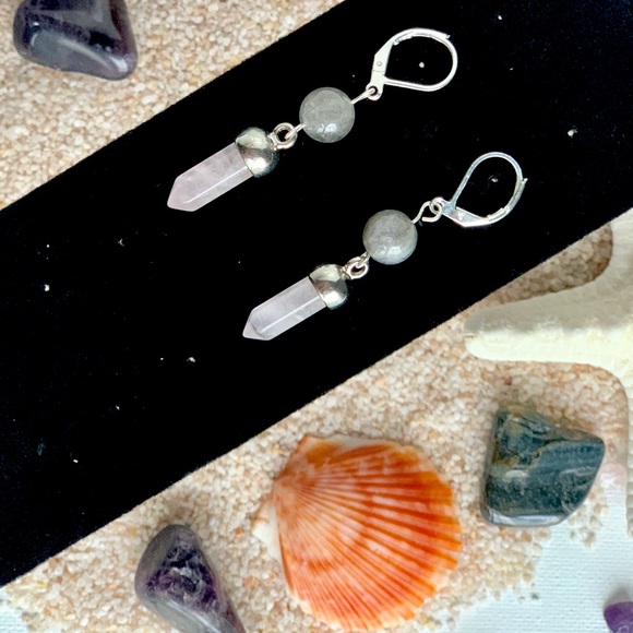 Genuine Labradorite & Rose Quartz Crystal Earrings in Sterling Silver - Picture 3 of 4